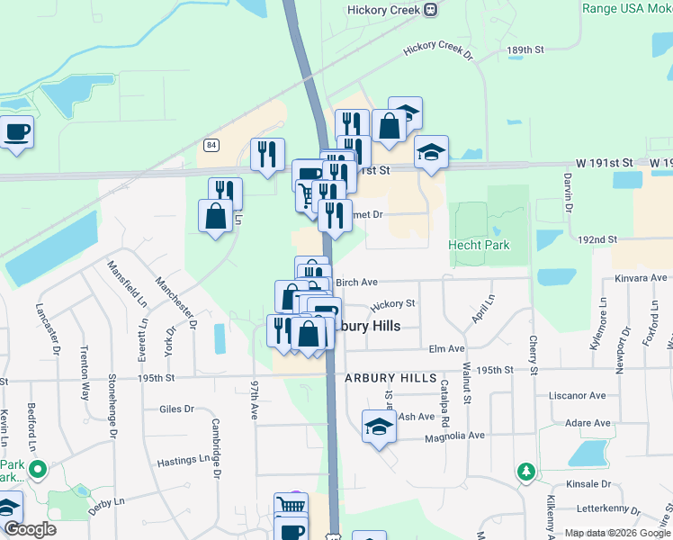 map of restaurants, bars, coffee shops, grocery stores, and more near 19301 South La Grange Road in Mokena