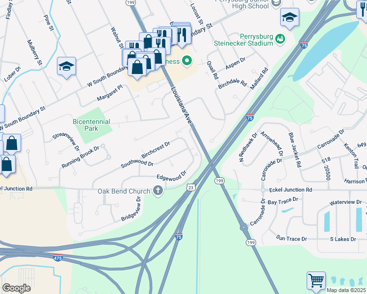 map of restaurants, bars, coffee shops, grocery stores, and more near 150 Edgewood Dr in Perrysburg