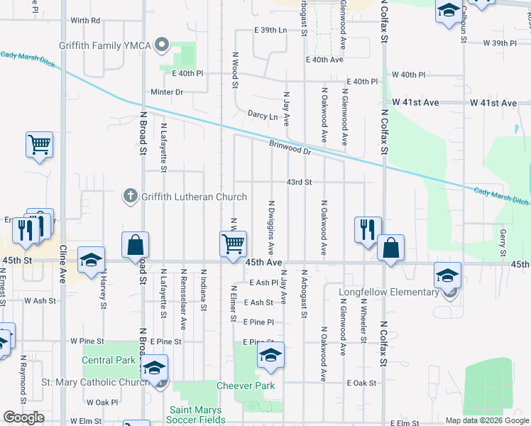 map of restaurants, bars, coffee shops, grocery stores, and more near 1012 Dwiggins in Griffith