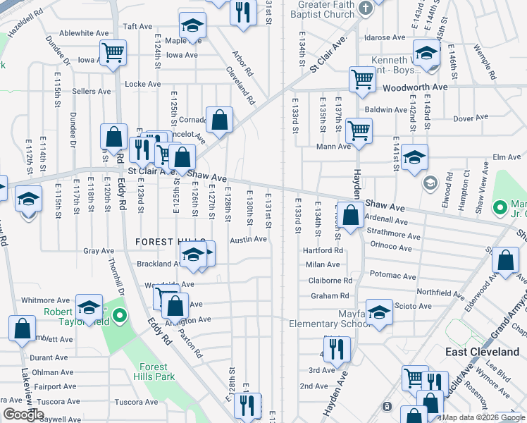map of restaurants, bars, coffee shops, grocery stores, and more near 644 East 131st Street in Cleveland