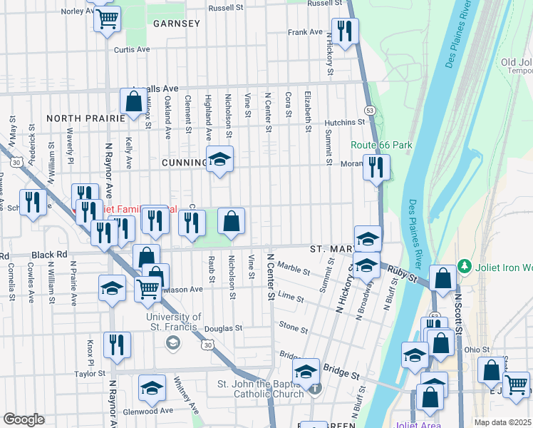 map of restaurants, bars, coffee shops, grocery stores, and more near 819 North Center Street in Joliet