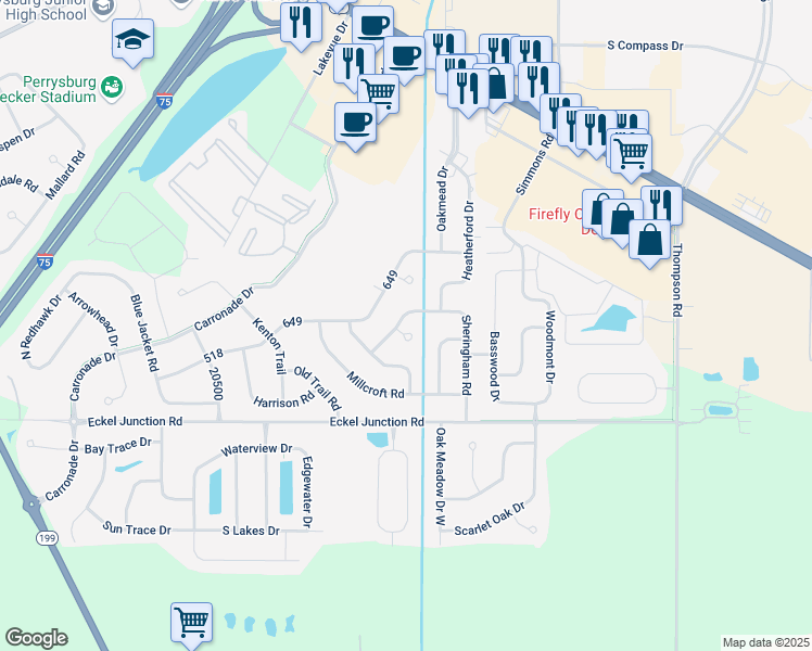 map of restaurants, bars, coffee shops, grocery stores, and more near 26701 Foxton Court in Perrysburg
