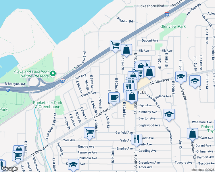 map of restaurants, bars, coffee shops, grocery stores, and more near 650 East 101st Street in Cleveland