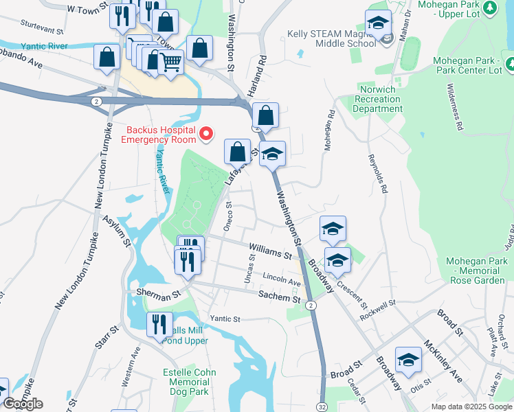 map of restaurants, bars, coffee shops, grocery stores, and more near 67 Fanning Avenue in Norwich