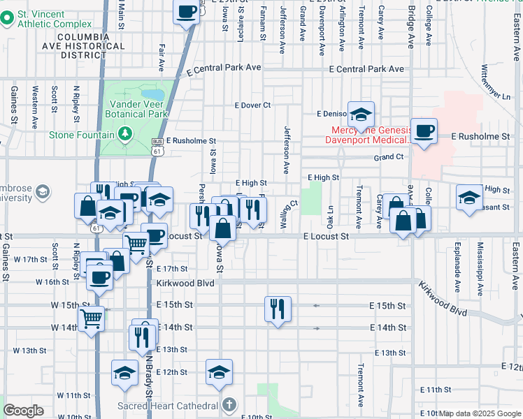map of restaurants, bars, coffee shops, grocery stores, and more near 599 East Pleasant Street in Davenport