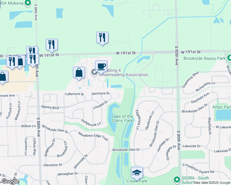 map of restaurants, bars, coffee shops, grocery stores, and more near 19320 Lisadell Drive in Tinley Park