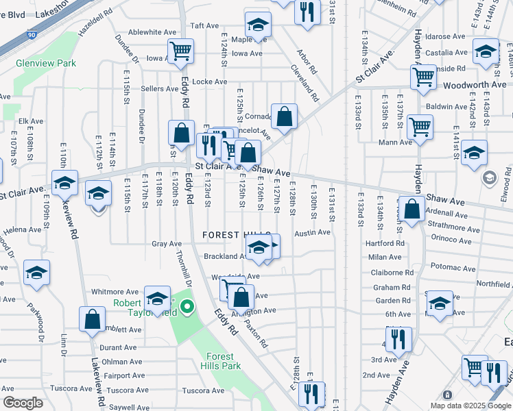 map of restaurants, bars, coffee shops, grocery stores, and more near 660 East 126th Street in Cleveland