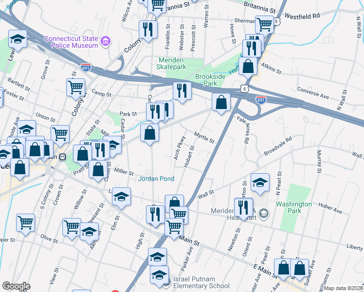 map of restaurants, bars, coffee shops, grocery stores, and more near 73 Yale Street in Meriden