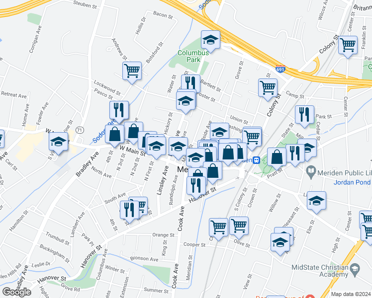map of restaurants, bars, coffee shops, grocery stores, and more near 43 Maple Street in Meriden