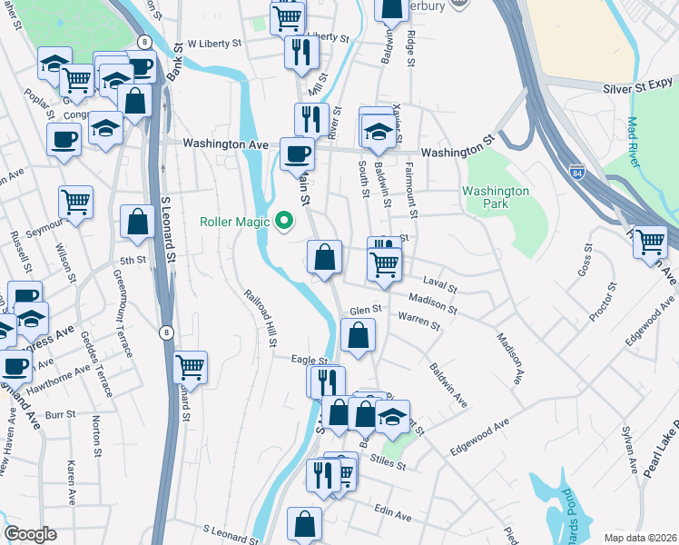 map of restaurants, bars, coffee shops, grocery stores, and more near in Waterbury