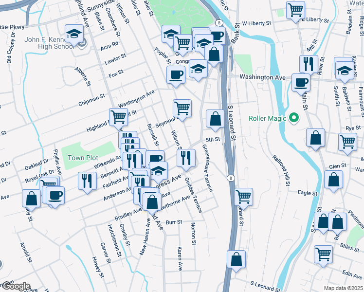 map of restaurants, bars, coffee shops, grocery stores, and more near 671 Wilson Street in Waterbury
