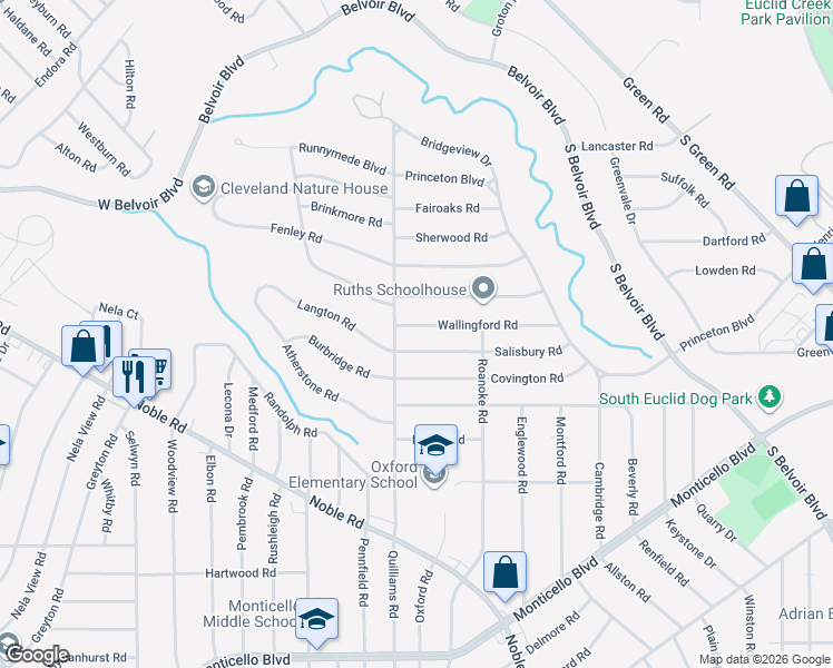 map of restaurants, bars, coffee shops, grocery stores, and more near 757 Quilliams Road in South Euclid