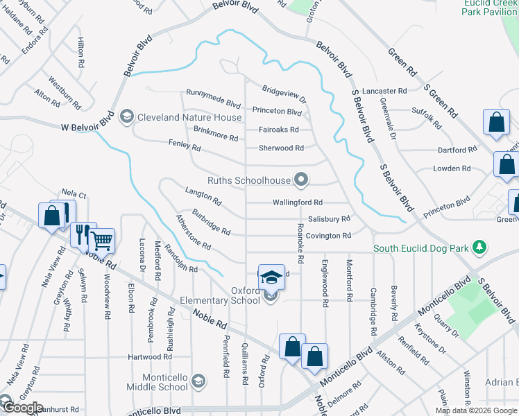 map of restaurants, bars, coffee shops, grocery stores, and more near 757 Quilliams Road in South Euclid