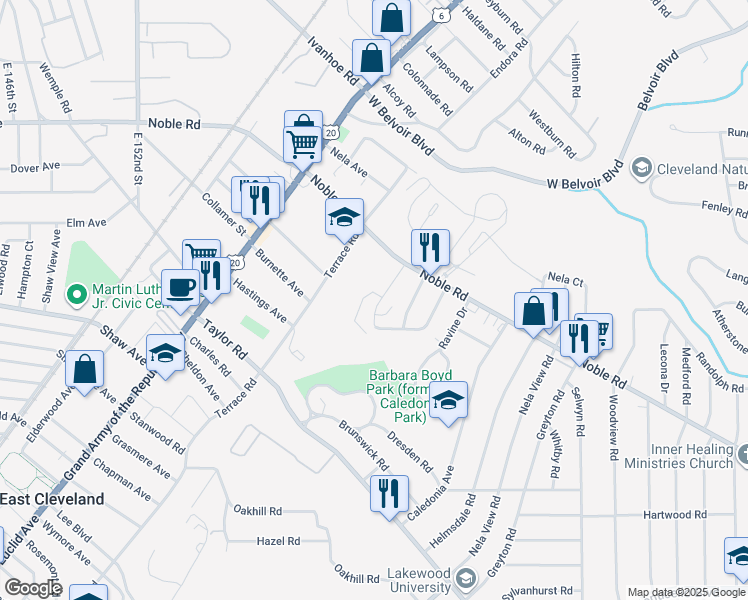 map of restaurants, bars, coffee shops, grocery stores, and more near 15985 Nelacrest Road in East Cleveland