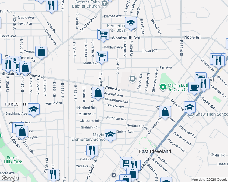 map of restaurants, bars, coffee shops, grocery stores, and more near 14000 Shaw Avenue in East Cleveland