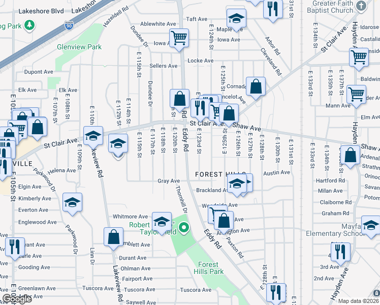 map of restaurants, bars, coffee shops, grocery stores, and more near 646 East 123rd Street in Cleveland