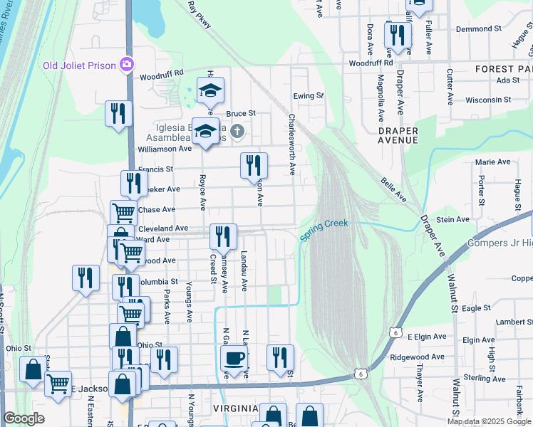 map of restaurants, bars, coffee shops, grocery stores, and more near 662 Chase Avenue in Joliet