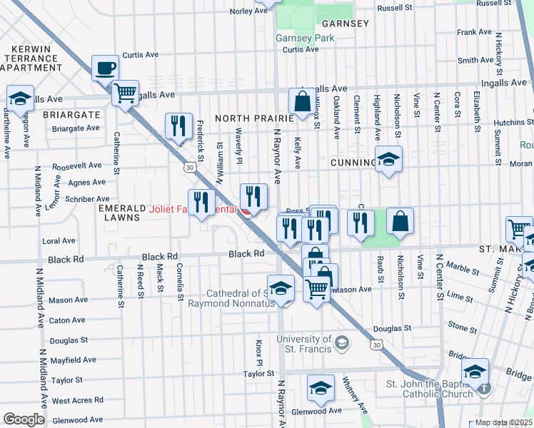 map of restaurants, bars, coffee shops, grocery stores, and more near 868 Ross Street in Joliet