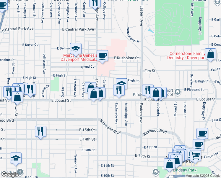 map of restaurants, bars, coffee shops, grocery stores, and more near 1937 College Avenue in Davenport