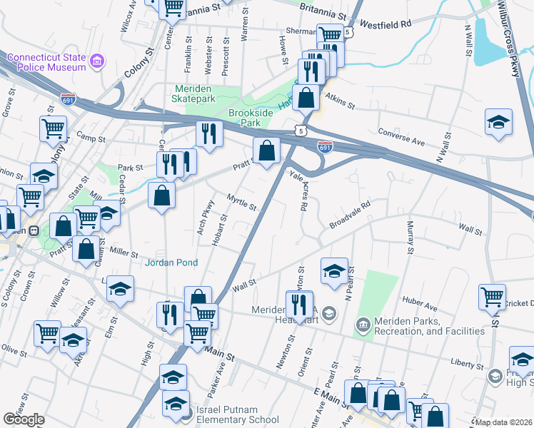 map of restaurants, bars, coffee shops, grocery stores, and more near 753 Broad Street in Meriden