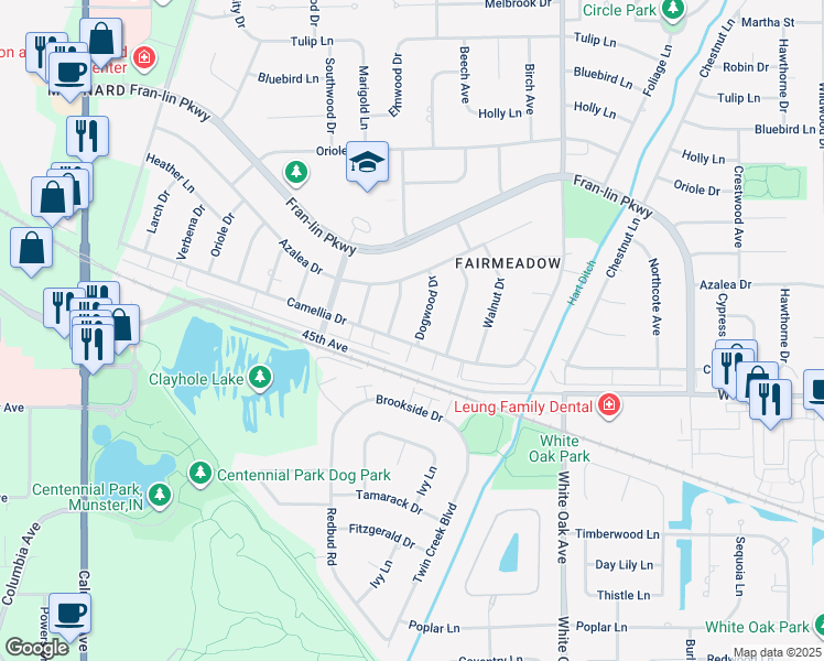 map of restaurants, bars, coffee shops, grocery stores, and more near 9600 Dogwood Drive in Munster