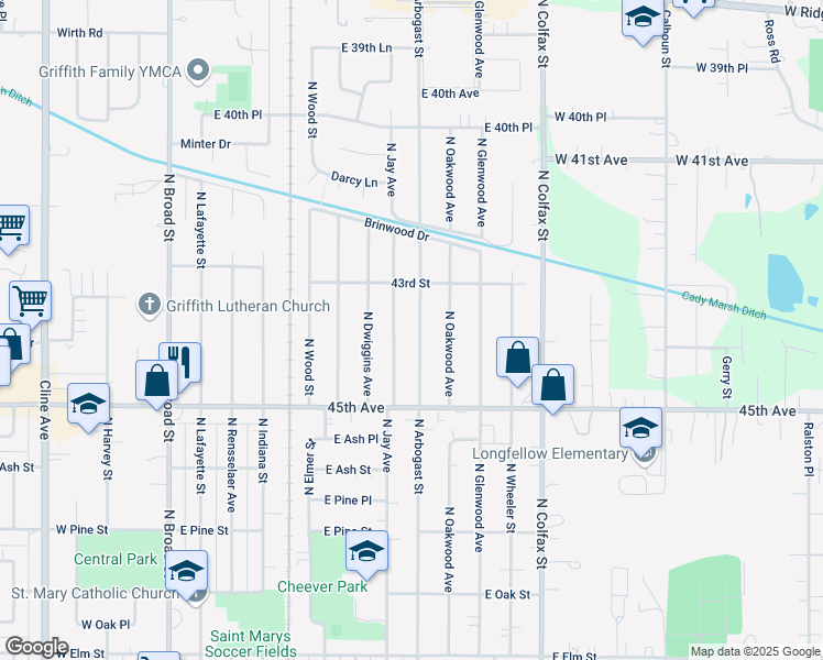 map of restaurants, bars, coffee shops, grocery stores, and more near 1013 North Jay Avenue in Griffith