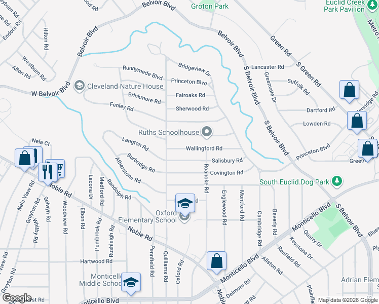 map of restaurants, bars, coffee shops, grocery stores, and more near 3782 Wallingford Rd in South Euclid