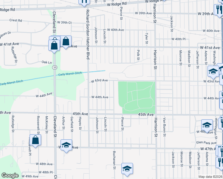 map of restaurants, bars, coffee shops, grocery stores, and more near 4348 Buchanan St in Gary