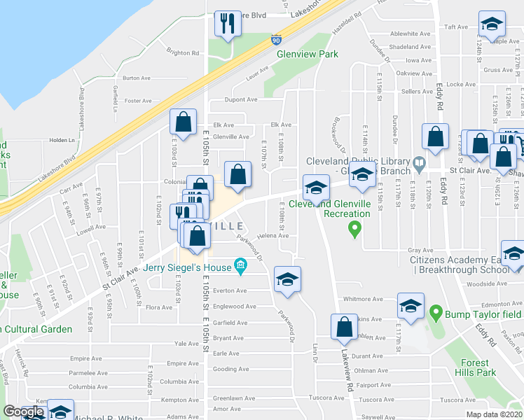 map of restaurants, bars, coffee shops, grocery stores, and more near 636 East 107th Street in Cleveland