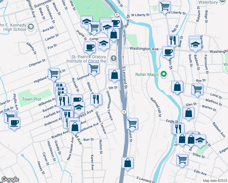 map of restaurants, bars, coffee shops, grocery stores, and more near 20 Gardner Street in Waterbury