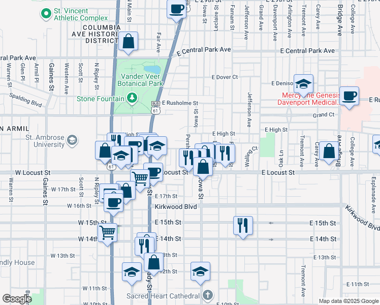 map of restaurants, bars, coffee shops, grocery stores, and more near 324 E Pleasant St in Davenport