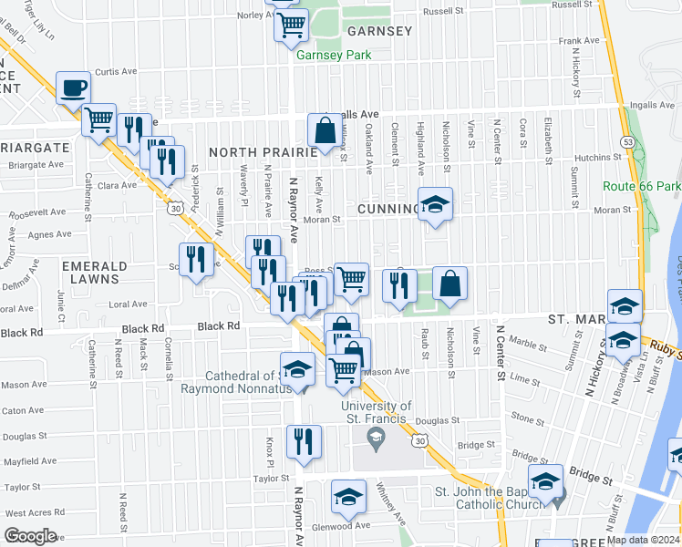 map of restaurants, bars, coffee shops, grocery stores, and more near 823 Wilcox Street in Joliet