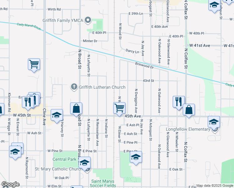 map of restaurants, bars, coffee shops, grocery stores, and more near 1008-10 North Wood Street in Griffith