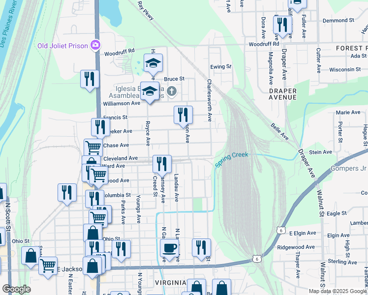 map of restaurants, bars, coffee shops, grocery stores, and more near 662 Chase Ave in Joliet