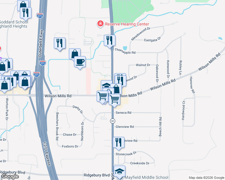 map of restaurants, bars, coffee shops, grocery stores, and more near 6635 Wilson Mills Road in Mayfield Village
