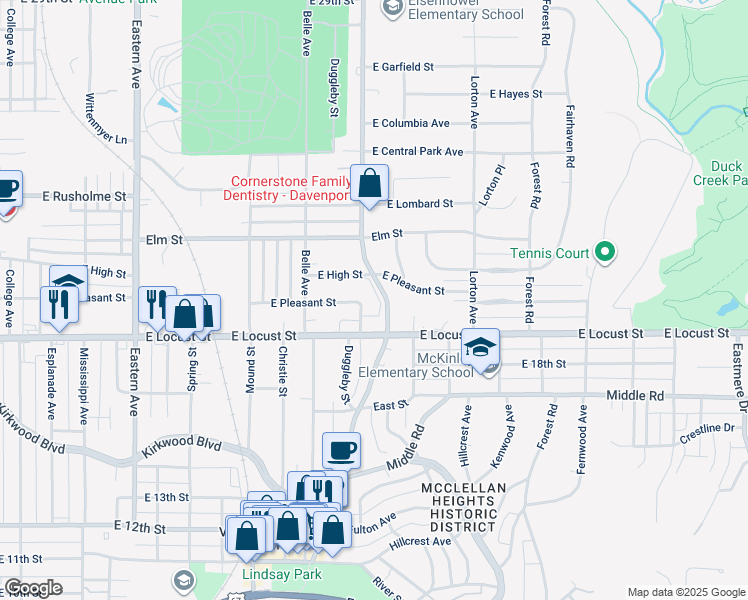 map of restaurants, bars, coffee shops, grocery stores, and more near 1922 Jersey Ridge Road in Davenport