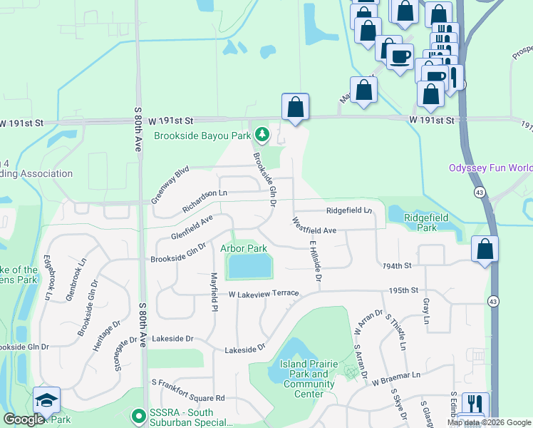 map of restaurants, bars, coffee shops, grocery stores, and more near 19327 Fane Court in Tinley Park