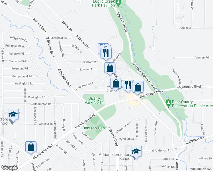 map of restaurants, bars, coffee shops, grocery stores, and more near 4157 Ruple Road in South Euclid