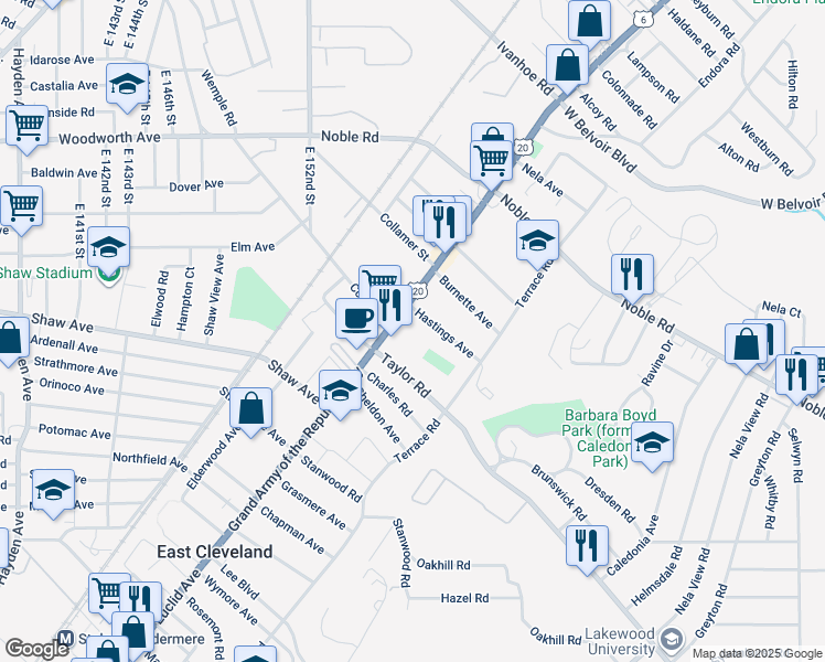 map of restaurants, bars, coffee shops, grocery stores, and more near 15606 Euclid Avenue in East Cleveland