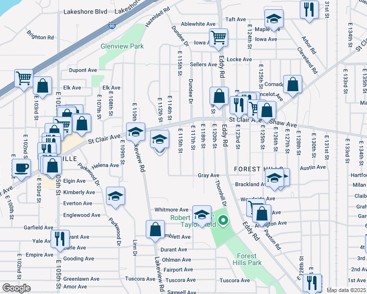 map of restaurants, bars, coffee shops, grocery stores, and more near 651 East 115th Street in Cleveland