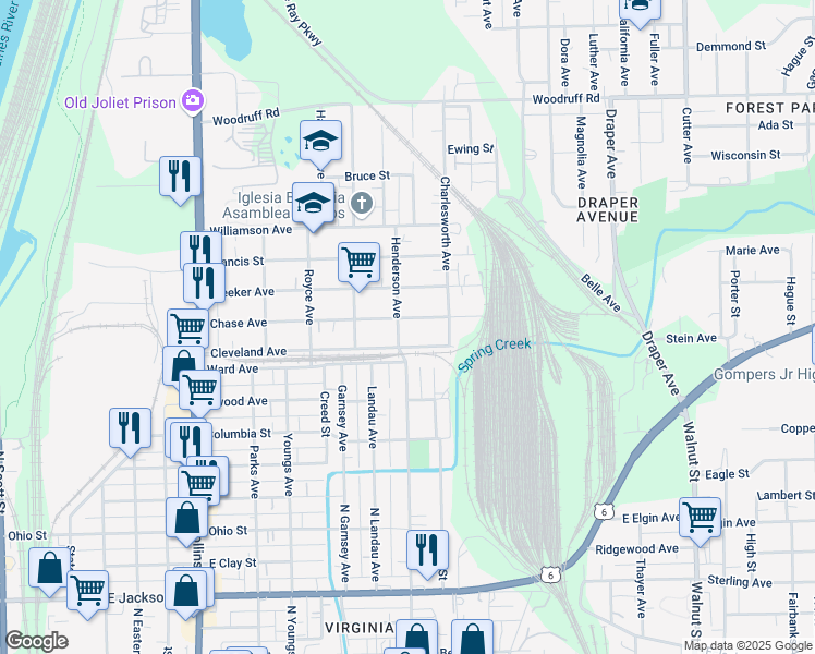 map of restaurants, bars, coffee shops, grocery stores, and more near 662 Chase Avenue in Joliet