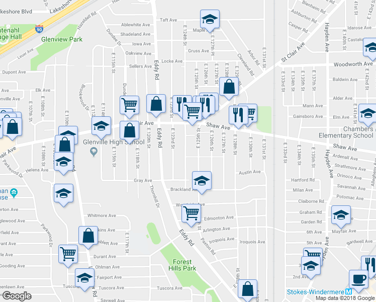 map of restaurants, bars, coffee shops, grocery stores, and more near 643 East 124th Street in Cleveland