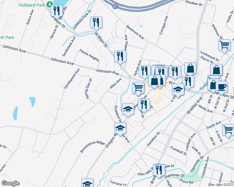 map of restaurants, bars, coffee shops, grocery stores, and more near 125 Stoddard Drive in Meriden