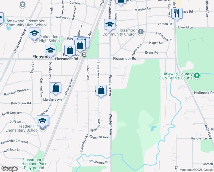 map of restaurants, bars, coffee shops, grocery stores, and more near 1238 Western Avenue in Flossmoor