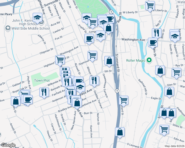 map of restaurants, bars, coffee shops, grocery stores, and more near 671 Wilson Street in Waterbury
