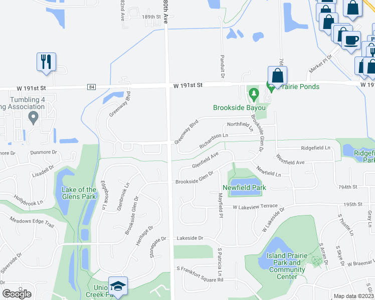 map of restaurants, bars, coffee shops, grocery stores, and more near 7932 Richardson Lane in Tinley Park