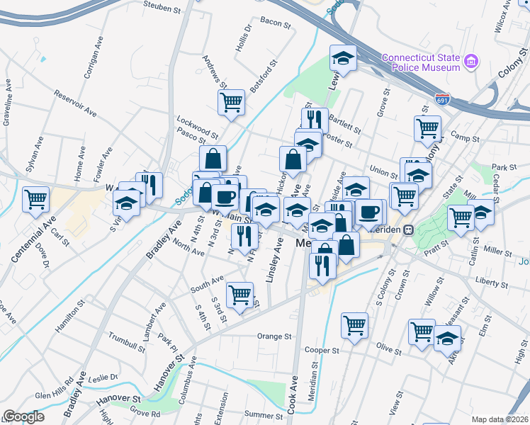map of restaurants, bars, coffee shops, grocery stores, and more near 18 Morgan Street in Meriden