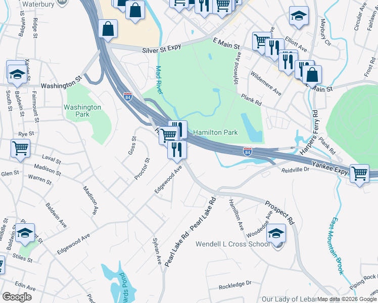 map of restaurants, bars, coffee shops, grocery stores, and more near 843 Hamilton Avenue in Waterbury