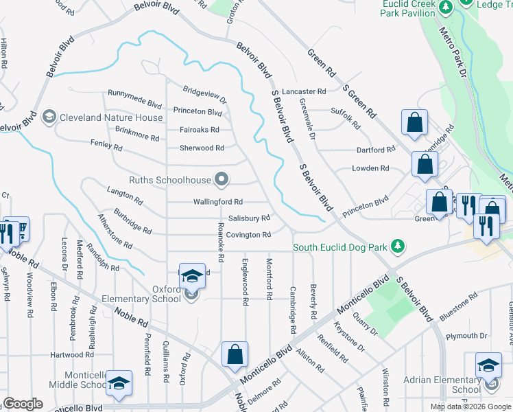map of restaurants, bars, coffee shops, grocery stores, and more near 3882 Wallingford Road in South Euclid
