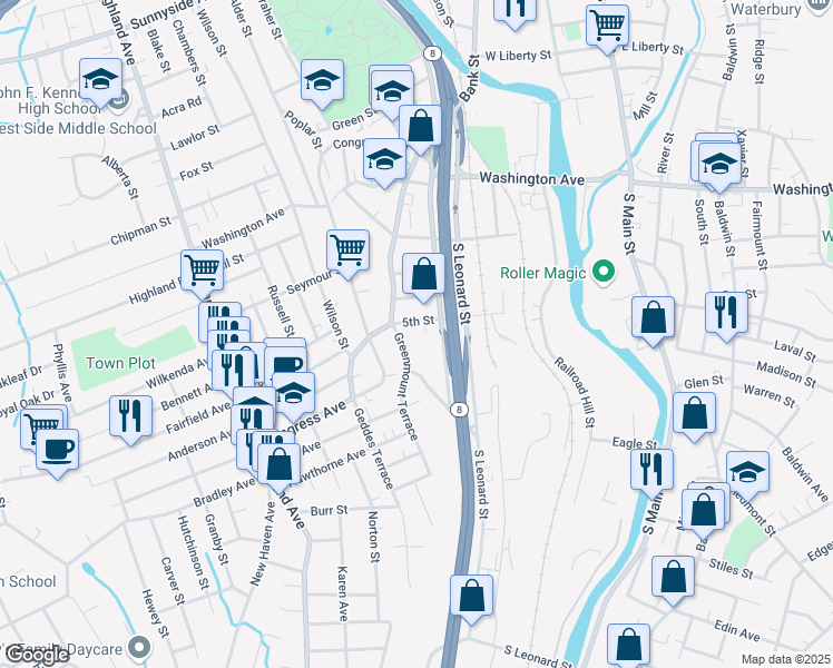 map of restaurants, bars, coffee shops, grocery stores, and more near 20 Gardner Street in Waterbury